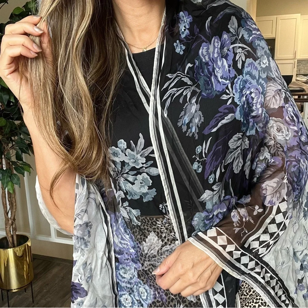 Emanuel Ungaro Vtg Silk Floral Multipurpose Oversized Scarf Wrap Cover Blue Y2K